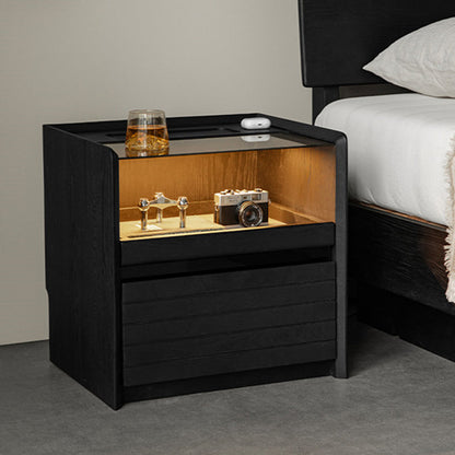 Modern Luxury Solid Plywood Nightstand With Glass Top - End Table With Wireless Charging & LED Sensor Light For Bedroom Storage