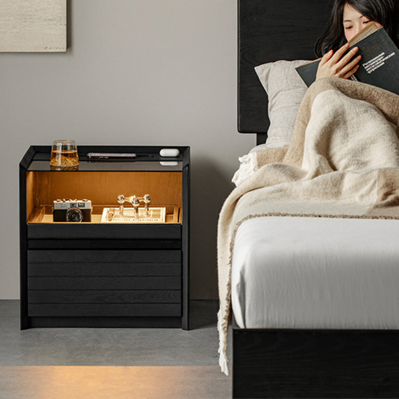 Modern Luxury Solid Plywood Nightstand With Glass Top - End Table With Wireless Charging & LED Sensor Light For Bedroom Storage