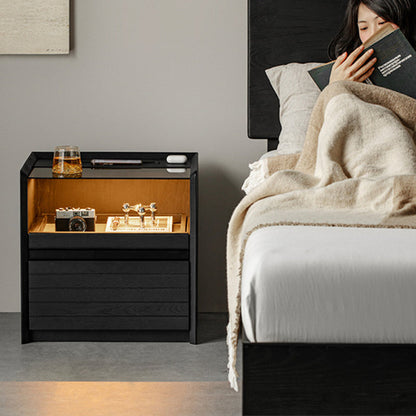 Modern Luxury Solid Plywood Nightstand With Glass Top - End Table With Wireless Charging & LED Sensor Light For Bedroom Storage
