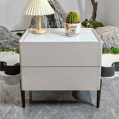 Contemporary Scandinavian Square Cream White 2-Drawer Storage Nightstand - Stone Slab Top Bedside Table For Bedroom