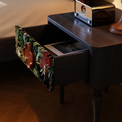 French Norwegian Forest Print Bedside Cabinet - Solid Ash Wood & Botanical Velvet Nightstand 1-Drawer For Bedroom