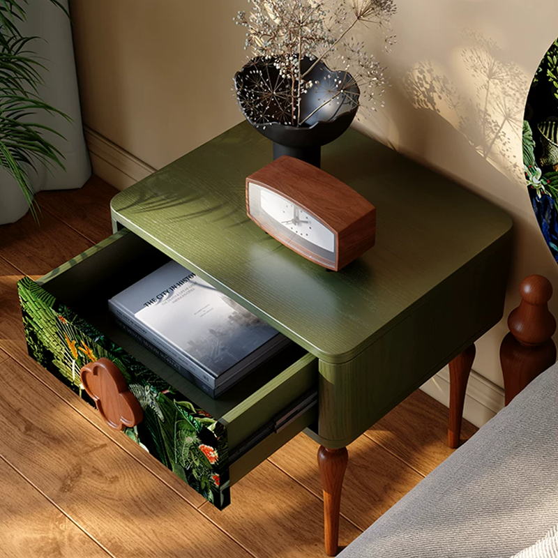 French Norwegian Forest Print Bedside Cabinet - Solid Ash Wood & Botanical Velvet Nightstand 1-Drawer For Bedroom