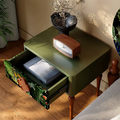 French Norwegian Forest Print Bedside Cabinet - Solid Ash Wood & Botanical Velvet Nightstand 1-Drawer For Bedroom