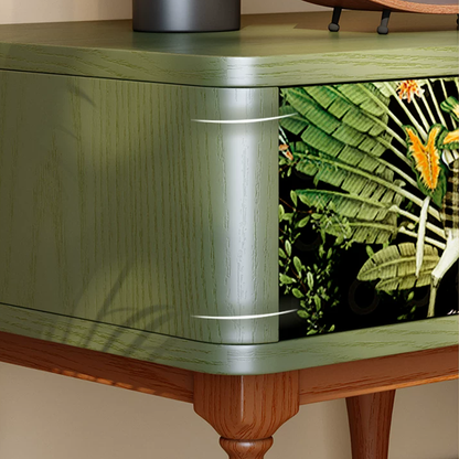 French Norwegian Forest Print Bedside Cabinet - Solid Ash Wood & Botanical Velvet Nightstand 1-Drawer For Bedroom