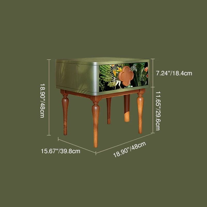 French Norwegian Forest Print Bedside Cabinet - Solid Ash Wood & Botanical Velvet Nightstand 1-Drawer For Bedroom