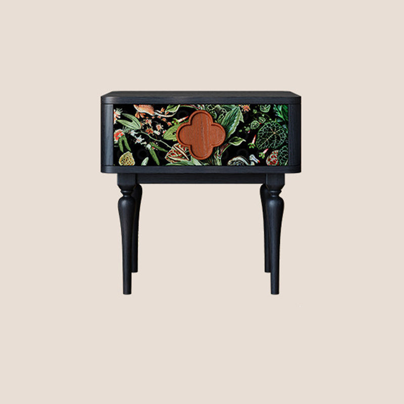 French Norwegian Forest Print Bedside Cabinet - Solid Ash Wood & Botanical Velvet Nightstand 1-Drawer For Bedroom