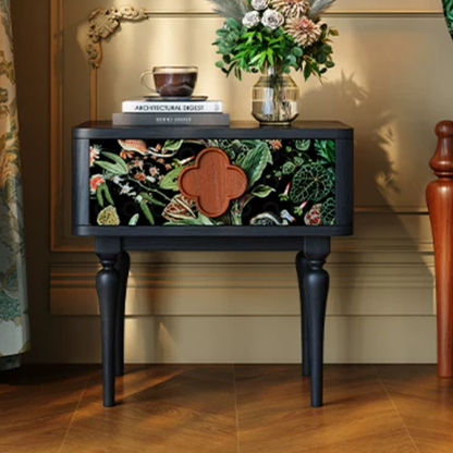 French Norwegian Forest Print Bedside Cabinet - Solid Ash Wood & Botanical Velvet Nightstand 1-Drawer For Bedroom