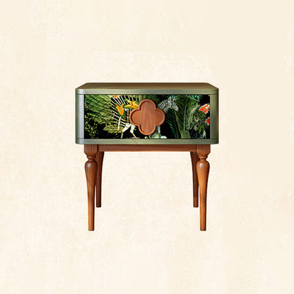 French Norwegian Forest Print Bedside Cabinet - Solid Ash Wood & Botanical Velvet Nightstand 1-Drawer For Bedroom