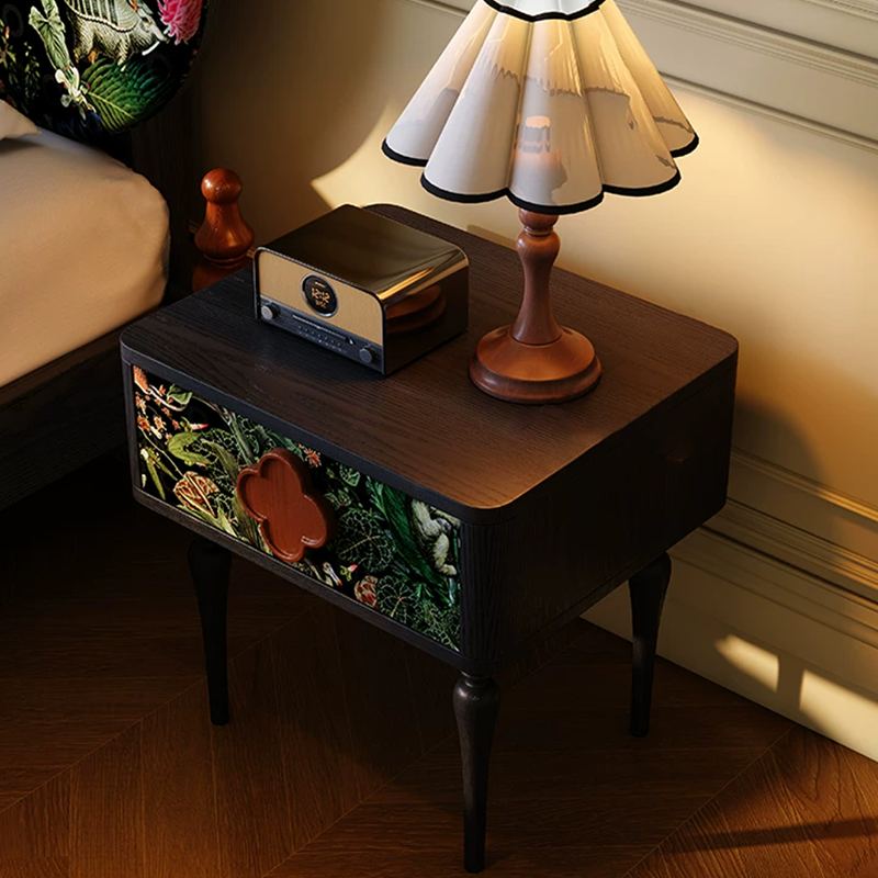French Norwegian Forest Print Bedside Cabinet - Solid Ash Wood & Botanical Velvet Nightstand 1-Drawer For Bedroom