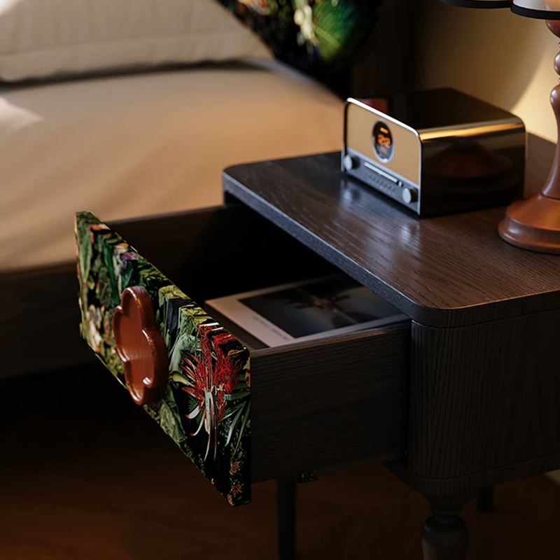 French Norwegian Forest Print Bedside Cabinet - Solid Ash Wood & Botanical Velvet Nightstand 1-Drawer For Bedroom