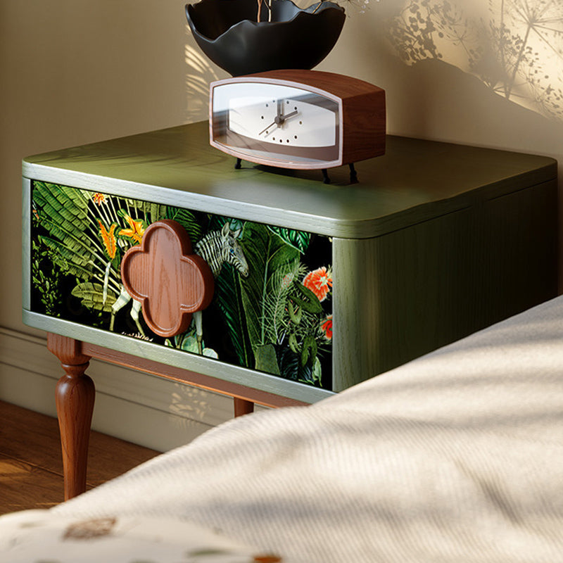French Norwegian Forest Print Bedside Cabinet - Solid Ash Wood & Botanical Velvet Nightstand 1-Drawer For Bedroom