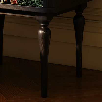 French Norwegian Forest Print Bedside Cabinet - Solid Ash Wood & Botanical Velvet Nightstand 1-Drawer For Bedroom