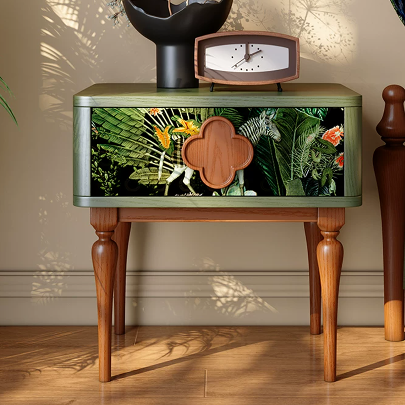 French Norwegian Forest Print Bedside Cabinet - Solid Ash Wood & Botanical Velvet Nightstand 1-Drawer For Bedroom