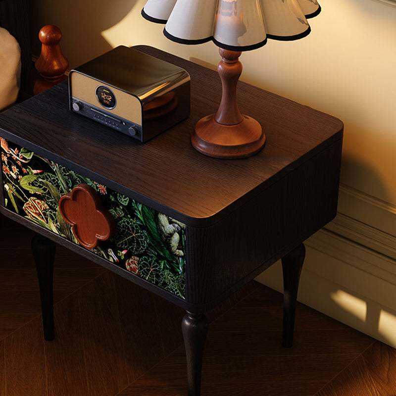 French Norwegian Forest Print Bedside Cabinet - Solid Ash Wood & Botanical Velvet Nightstand 1-Drawer For Bedroom