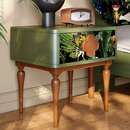 French Norwegian Forest Print Bedside Cabinet - Solid Ash Wood & Botanical Velvet Nightstand 1-Drawer For Bedroom