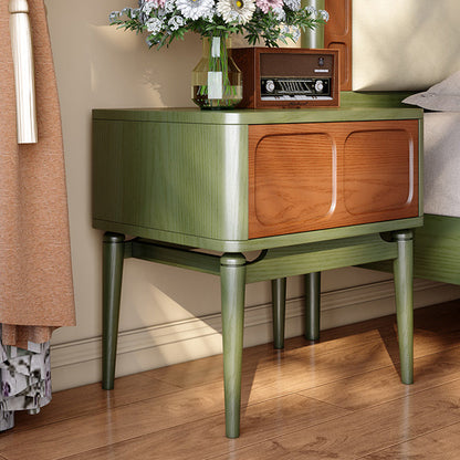 Retro Solid Ash Wood Nightstand - Hidden Handle Recessed Panel Bedside Table 1-Drawer For Bedroom