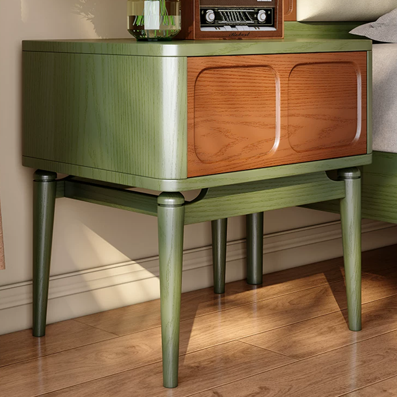 Retro Solid Ash Wood Nightstand - Hidden Handle Recessed Panel Bedside Table 1-Drawer For Bedroom