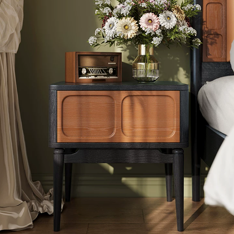 Retro Solid Ash Wood Nightstand - Hidden Handle Recessed Panel Bedside Table 1-Drawer For Bedroom