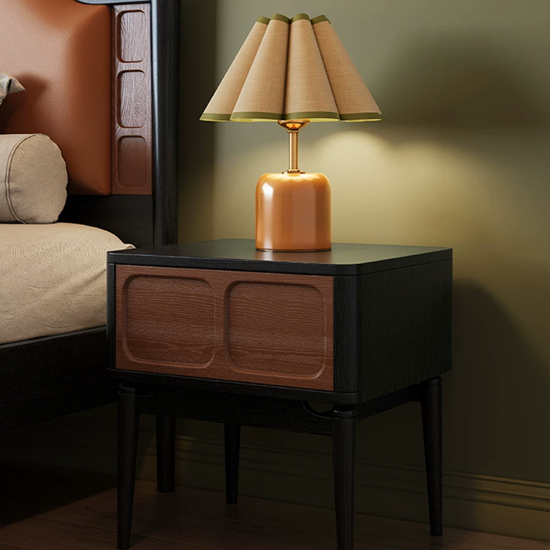 Retro Solid Ash Wood Nightstand - Hidden Handle Recessed Panel Bedside Table 1-Drawer For Bedroom