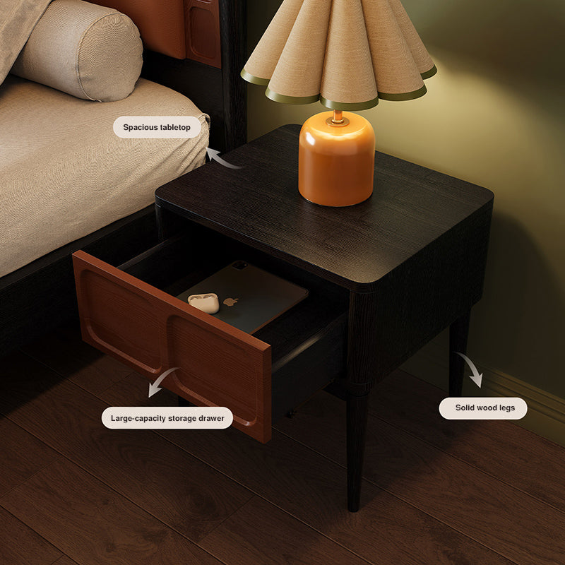 Retro Solid Ash Wood Nightstand - Hidden Handle Recessed Panel Bedside Table 1-Drawer For Bedroom