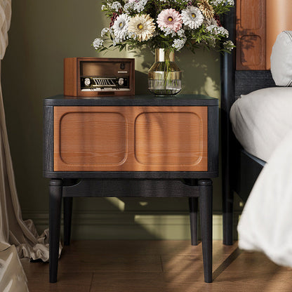 Retro Solid Ash Wood Nightstand - Hidden Handle Recessed Panel Bedside Table 1-Drawer For Bedroom