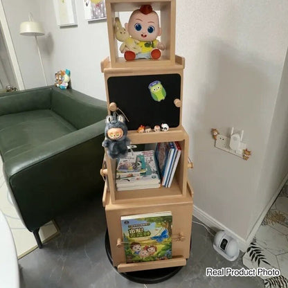 Contemporary Nordic Solid Beech Wood Rotating Kids Bookshelf - 4 Tier Children’s Book & Toy Storage Organizer With Chalkboard Panels