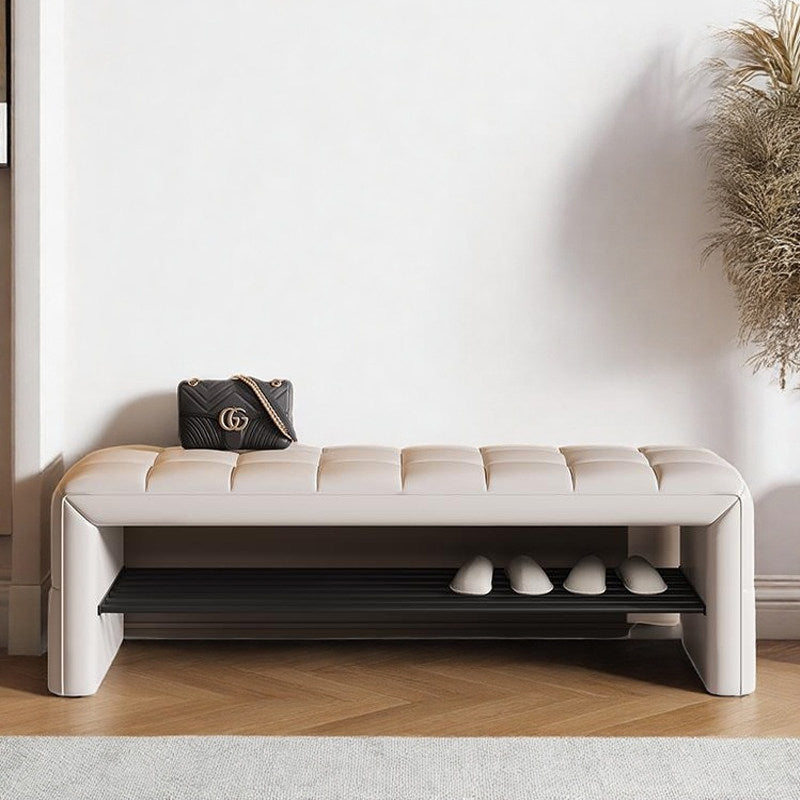 Modern Luxury Faux Leather Solid Wood & Plywood Rectangular Shoe Bench With Open Storage Shelf For Entryway
