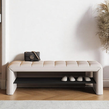 Modern Luxury Faux Leather Solid Wood & Plywood Rectangular Shoe Bench With Open Storage Shelf For Entryway