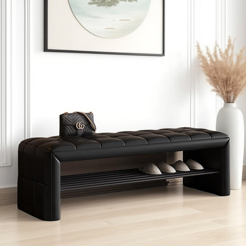 Modern Luxury Faux Leather Solid Wood & Plywood Rectangular Shoe Bench With Open Storage Shelf For Entryway