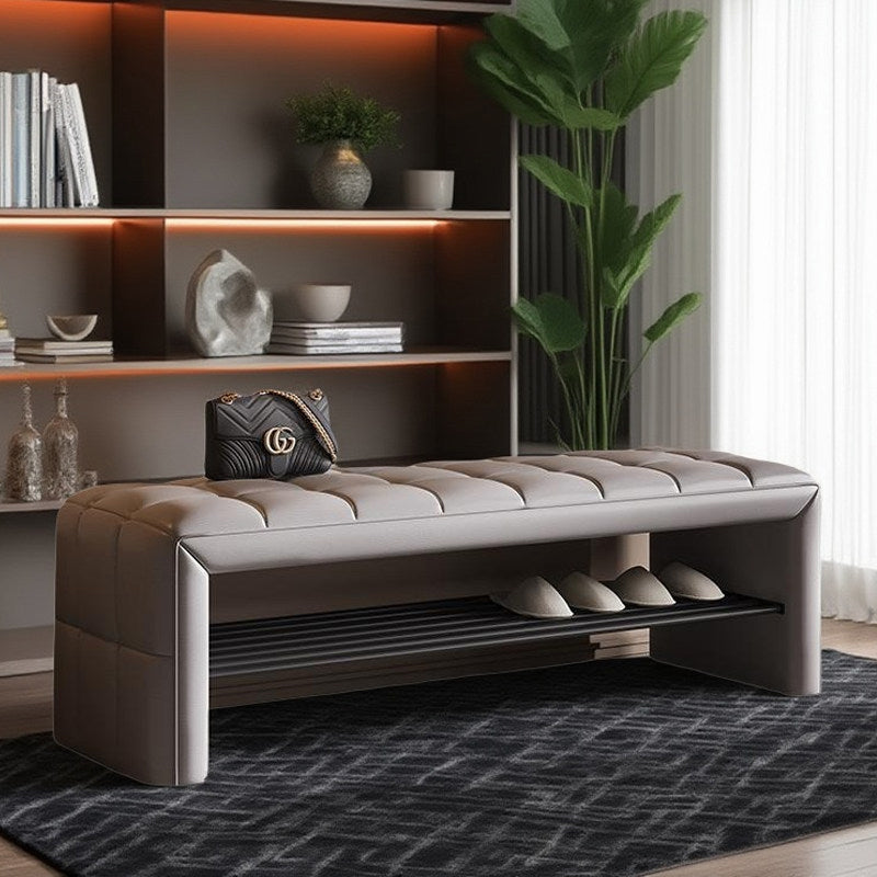 Modern Luxury Faux Leather Solid Wood & Plywood Rectangular Shoe Bench With Open Storage Shelf For Entryway