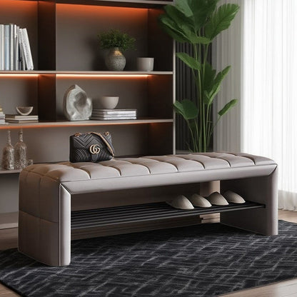 Modern Luxury Faux Leather Solid Wood & Plywood Rectangular Shoe Bench With Open Storage Shelf For Entryway
