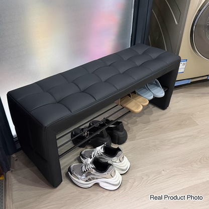 Modern Luxury Faux Leather Solid Wood & Plywood Rectangular Shoe Bench With Open Storage Shelf For Entryway