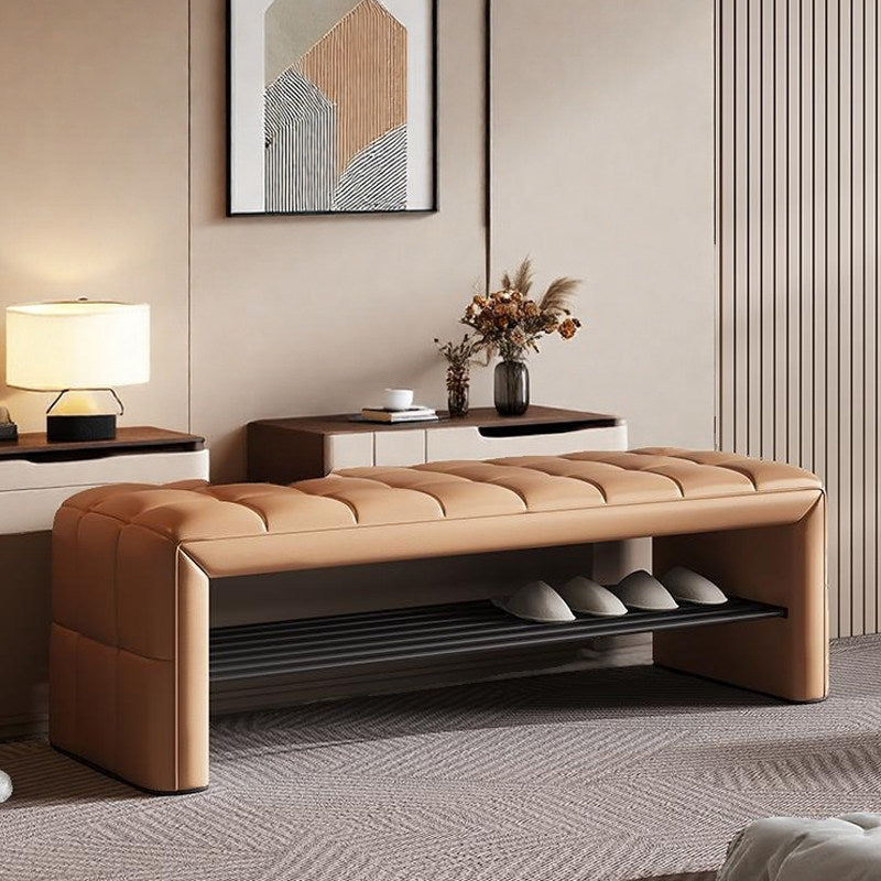 Modern Luxury Faux Leather Solid Wood & Plywood Rectangular Shoe Bench With Open Storage Shelf For Entryway