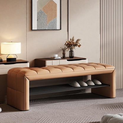Modern Luxury Faux Leather Solid Wood & Plywood Rectangular Shoe Bench With Open Storage Shelf For Entryway