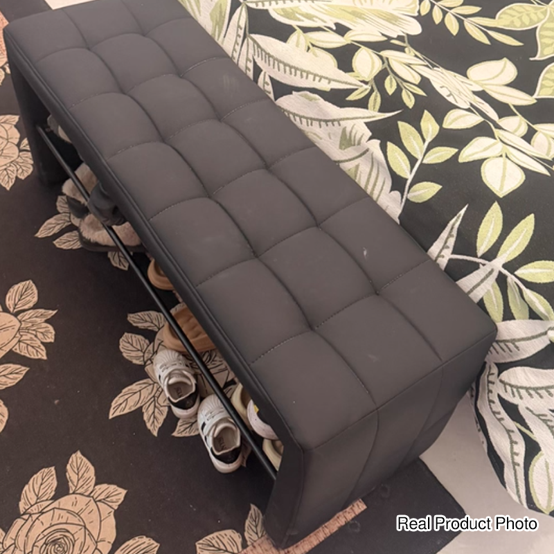 Modern Luxury Faux Leather Solid Wood & Plywood Rectangular Shoe Bench With Open Storage Shelf For Entryway