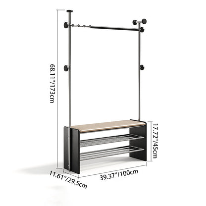 Contemporary Retro Rubberwood & Stainless Steel Faux Leather Rectangular Coat Rack Shoe Bench Entryway Storage With Hooks Multifunction Hallway Organizer