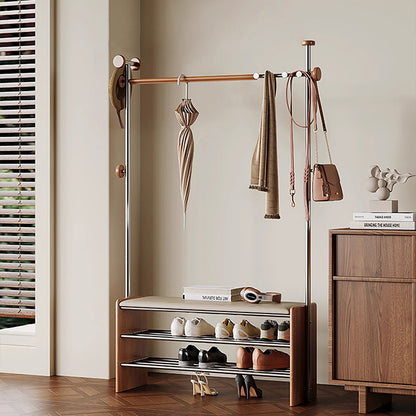 Contemporary Retro Rubberwood & Stainless Steel Faux Leather Rectangular Coat Rack Shoe Bench Entryway Storage With Hooks Multifunction Hallway Organizer