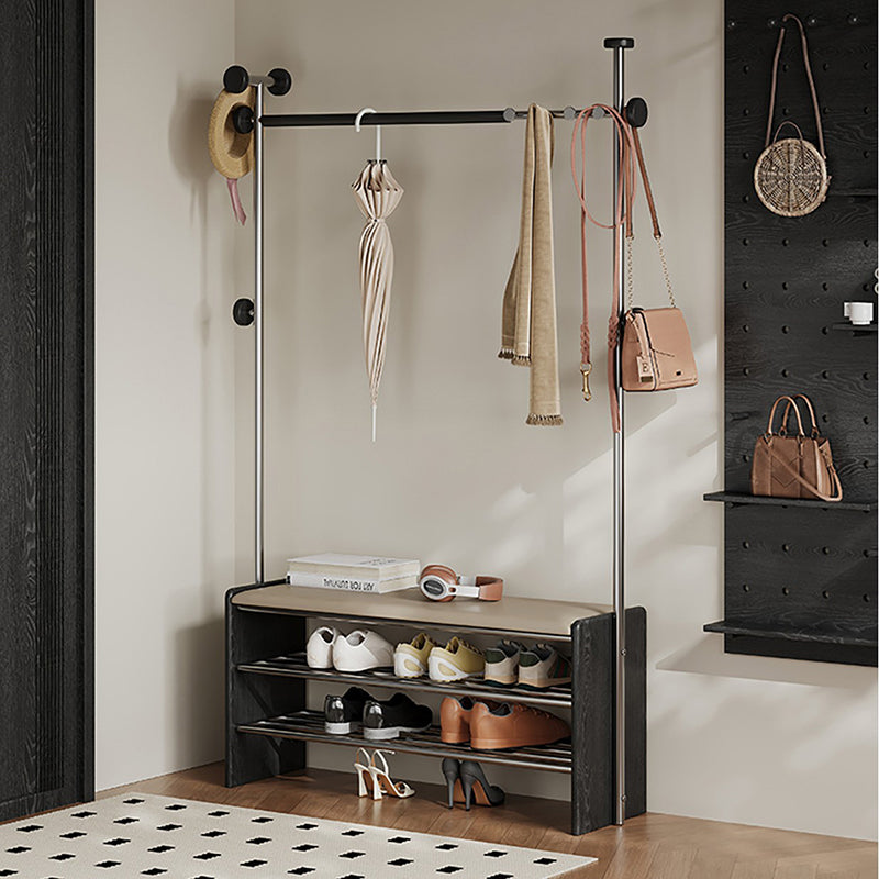 Contemporary Retro Rubberwood & Stainless Steel Faux Leather Rectangular Coat Rack Shoe Bench Entryway Storage With Hooks Multifunction Hallway Organizer