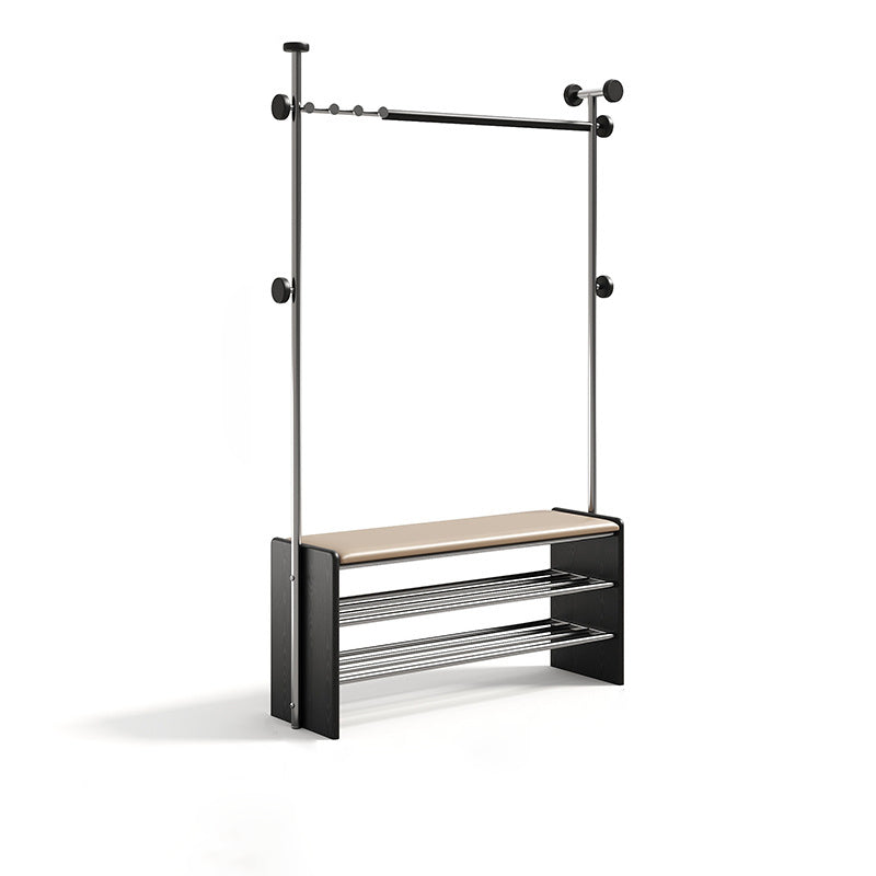 Contemporary Retro Rubberwood & Stainless Steel Faux Leather Rectangular Coat Rack Shoe Bench Entryway Storage With Hooks Multifunction Hallway Organizer