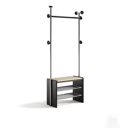Contemporary Retro Rubberwood & Stainless Steel Faux Leather Rectangular Coat Rack Shoe Bench Entryway Storage With Hooks Multifunction Hallway Organizer