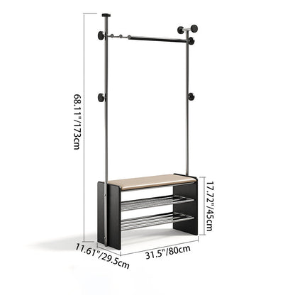 Contemporary Retro Rubberwood & Stainless Steel Faux Leather Rectangular Coat Rack Shoe Bench Entryway Storage With Hooks Multifunction Hallway Organizer