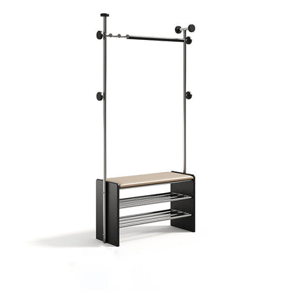 Contemporary Retro Rubberwood & Stainless Steel Faux Leather Rectangular Coat Rack Shoe Bench Entryway Storage With Hooks Multifunction Hallway Organizer