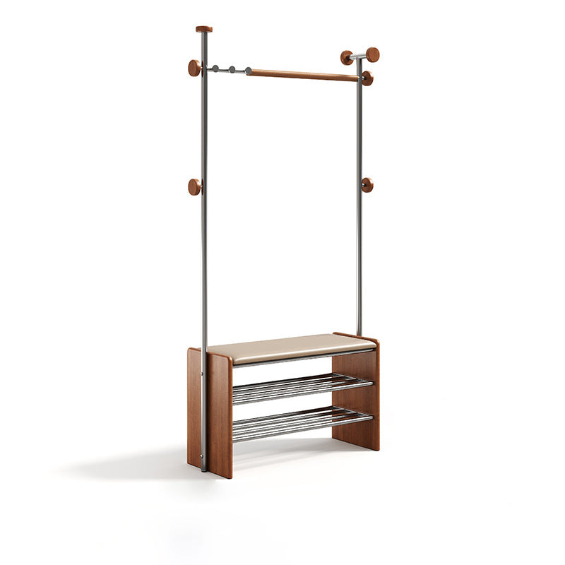 Contemporary Retro Rubberwood & Stainless Steel Faux Leather Rectangular Coat Rack Shoe Bench Entryway Storage With Hooks Multifunction Hallway Organizer