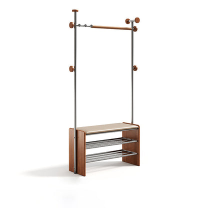 Contemporary Retro Rubberwood & Stainless Steel Faux Leather Rectangular Coat Rack Shoe Bench Entryway Storage With Hooks Multifunction Hallway Organizer