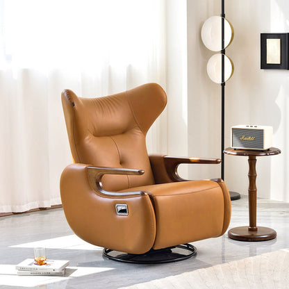 Retro Eco Leather & Solid Wood Metal Swivel Recliner Lounge Chair - Adjustable Rocking Accent Chair With Oak Armrests And Footrests