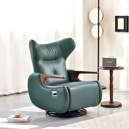 Retro Eco Leather & Solid Wood Metal Swivel Recliner Lounge Chair - Adjustable Rocking Accent Chair With Oak Armrests And Footrests