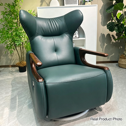 Retro Eco Leather & Solid Wood Metal Swivel Recliner Lounge Chair - Adjustable Rocking Accent Chair With Oak Armrests And Footrests