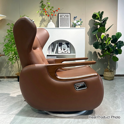 Retro Eco Leather & Solid Wood Metal Swivel Recliner Lounge Chair - Adjustable Rocking Accent Chair With Oak Armrests And Footrests