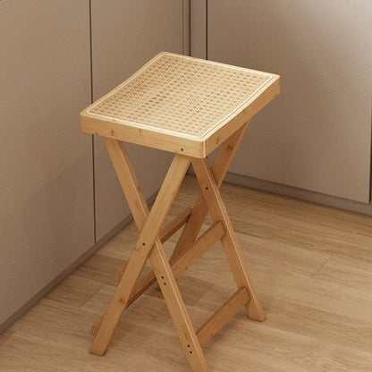 Contemporary Nordic Bamboo & Rattan Weaving Rectangular Folding Bar Stool For Dining Room & Kitchen