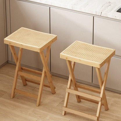 Contemporary Nordic Bamboo & Rattan Weaving Rectangular Folding Bar Stool For Dining Room & Kitchen